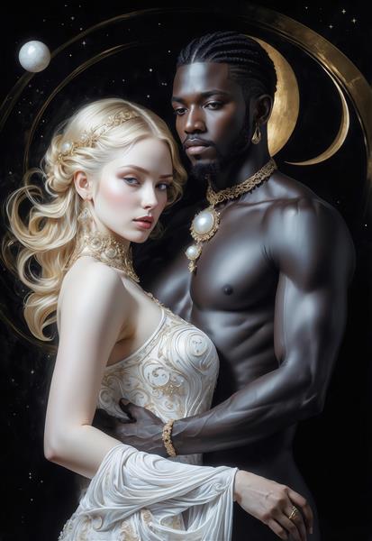 تصویر عاشقانه الهه نور و مرد سیاهپوست با لباس فاخر طلایی و تم تاریک