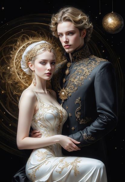 عکس شاهزاده و شاهزاده خانم فانتزی با تاج طلایی و پس‌زمینه سیاه
