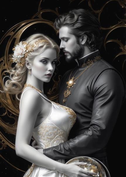 تصویر زن و مرد جذاب با لباس فاخر طلایی و زمینه تاریک برای دکور