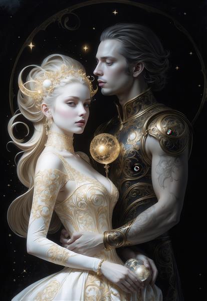 عکس زوج فانتزی با لباس زرهی طلایی و تم کهکشان سیاه دکوراتیو