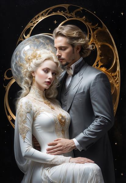 تصویر عروس و داماد اشرافی با استایل فانتزی سیاه و طلایی برای تابلو