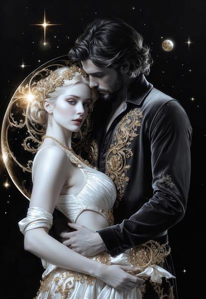 طرح زن بلوند و مرد سیاهپوش سلطنتی در آغوش با تم طلایی