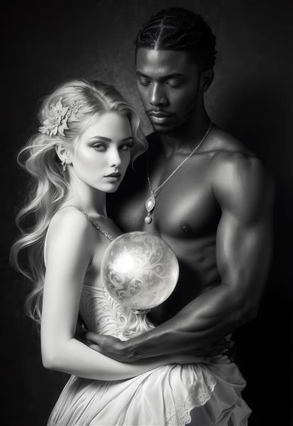 عکس زوج فانتزی بلوند و سیاهپوست با کره نقره‌ای در دست