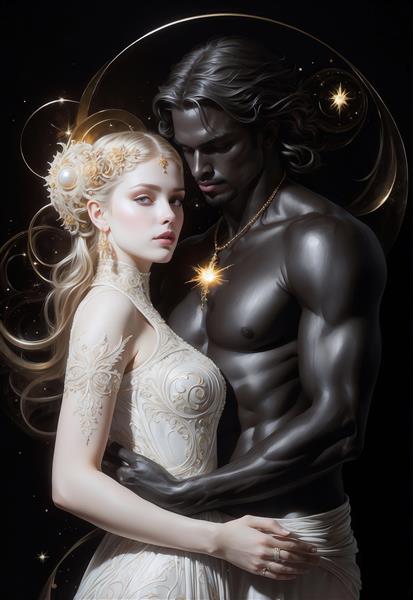 طرح زن و مرد سیاه و سفید در آغوش با نور ستاره و ماه