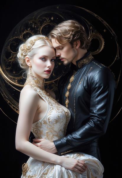 تصویر زوج سلطنتی عاشقانه با لباس‌های مشکی و سفید طلایی