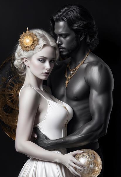 عکس پرتره زن بلوند و مرد سیاه با کره طلایی در دستان