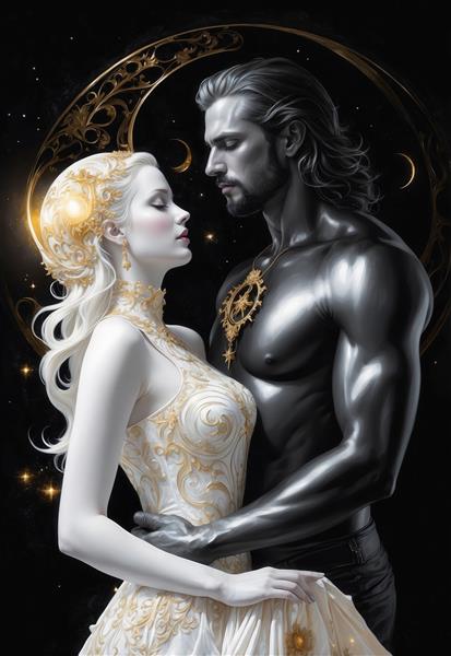 تصویر پرنسس بلوند و مرد سیاهپوش در قاب ماه طلایی