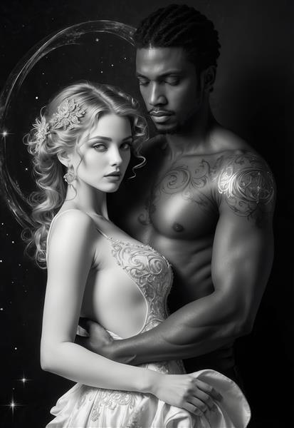 عکس پرتره زوج عاشقانه فانتزی نور و تاریکی با کنتراست سیاه و سفید