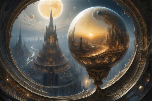 طرح شهر فانتزی در کره شیشه‌ای با غروب خورشید در قاب پنجره