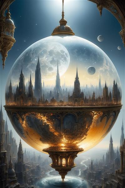 تصویر شهر معلق در حباب بزرگ زیر ماه کامل کهکشانی