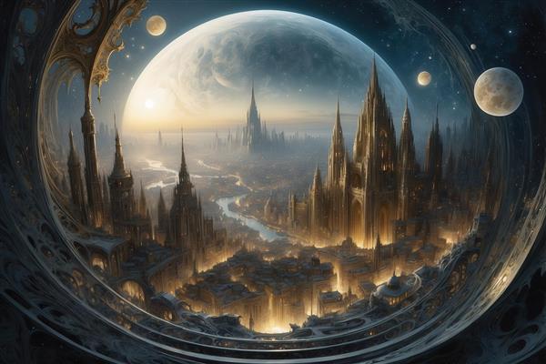 عکس شهر فانتزی در کره شیشه‌ای با نمای دایره‌ای در ماه
