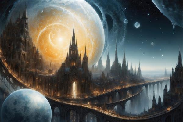 طرح شهر قلعه‌ای فانتزی با پل‌های قوسی و ماه بزرگ کهکشانی