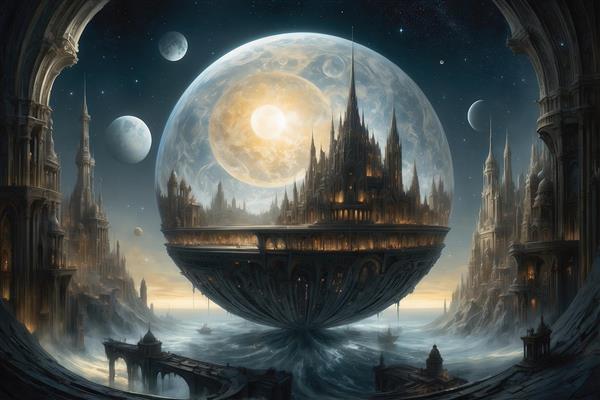 عکس قلعه فانتزی محبوس در کره شیشه‌ای بزرگ بالای آب و ماه