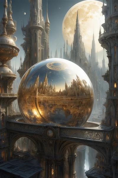 تصویر شهر بازتاب شده در کره شیشه‌ای بزرگ زیر نور ماه طلایی