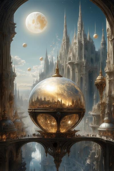 طرح شهر آسمانی و قلعه سفید در کره شیشه‌ای زیر ماه کامل