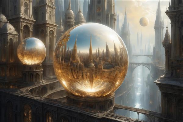 تصویر شهر طلایی در کره شیشه‌ای روی پایه بلند برای پوستر دکوراتیو