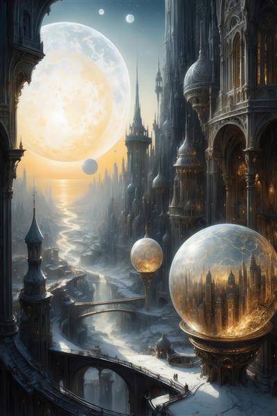 عکس شهر فانتزی برفی و گوتیک با رودخانه زیر ماه طلایی
