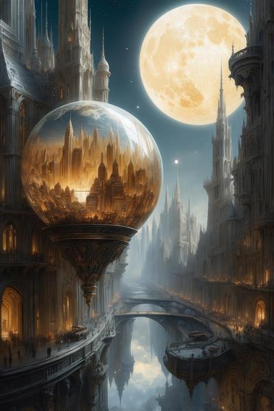 طرح شهر فانتزی در کره شیشه‌ای آویزان جلوی ماه کامل طلایی