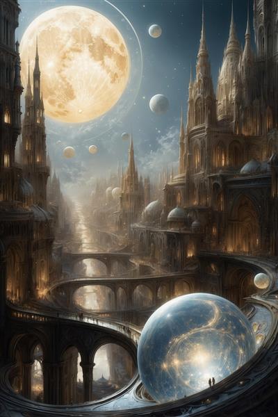تصویر شهر گوتیک فانتزی با پل‌های قوسی زیر ماه بزرگ