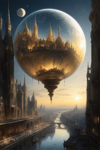 عکس شهر معلق در حباب طلایی بالای رودخانه در نور غروب