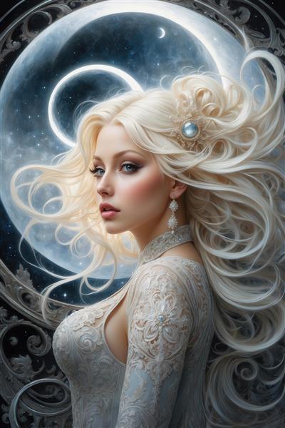 طرح بانوی بلوند با سنجاق موی آبی در هاله ماه نقره‌ای