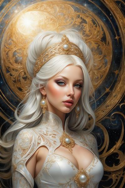 تصویر ملکه مو سفید با تاج طلایی و مروارید برای تابلو لوکس