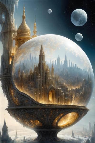 عکس شهر فانتزی محبوس در حباب شیشه‌ای در آسمان آبی و سفید