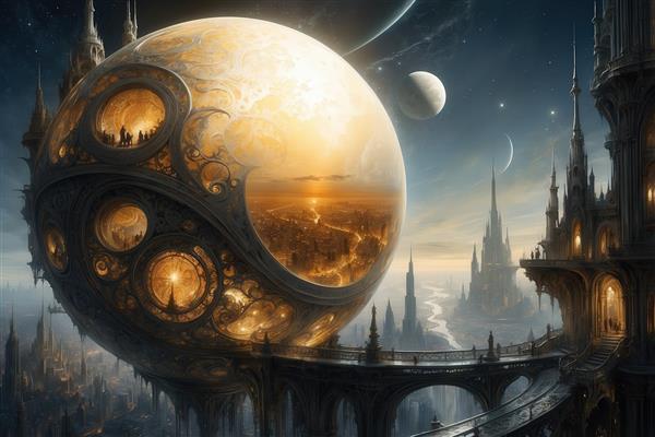طرح شهر فانتزی درون کره طلایی با نورپردازی داخلی برای چاپ پرده
