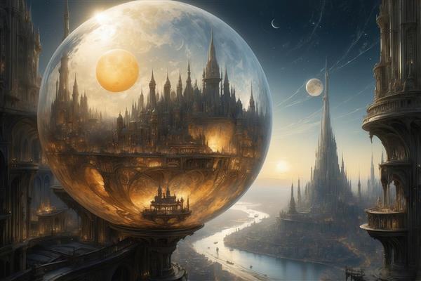 تصویر شهر آسمانی در کره بلورین با ماه طلایی هنگام غروب