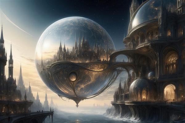 عکس قلعه فانتزی معلق در حباب شیشه‌ای بزرگ بالای آب