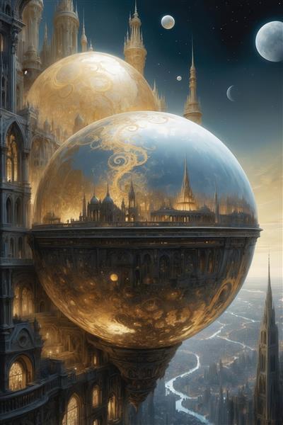 عکس شهر فانتزی محبوس در کره شیشه‌ای در میان ابرها و ماه