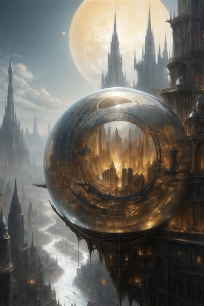 تصویر شهر فانتزی در حباب شیشه‌ای بزرگ جلوی برج‌های گوتیک