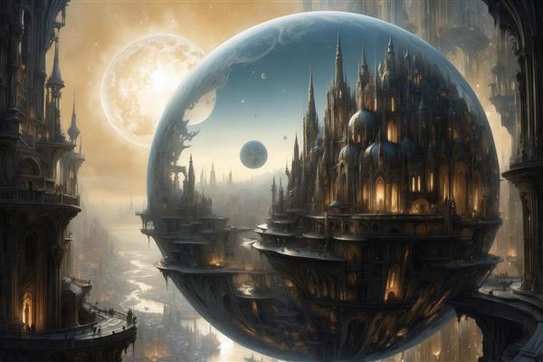 عکس منظره شهر کهکشانی درون حباب معلق برای تابلو دکوراتیو لوکس