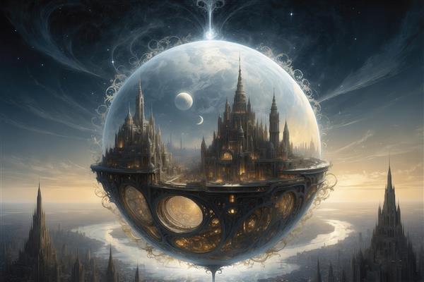 طرح شهر آسمانی فانتزی محبوس در کره بلورین برای پوستر دیواری