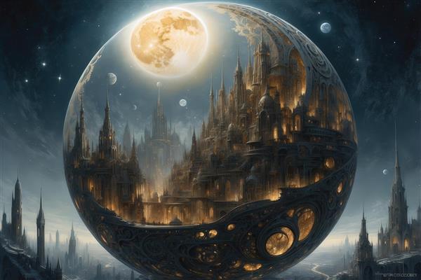 تصویر شهر سایبرپانک فانتزی در کره شیشه‌ای بزرگ زیر نور ماه