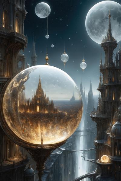 عکس شهر فانتزی معلق در کره شیشه‌ای با ماه در آسمان شب