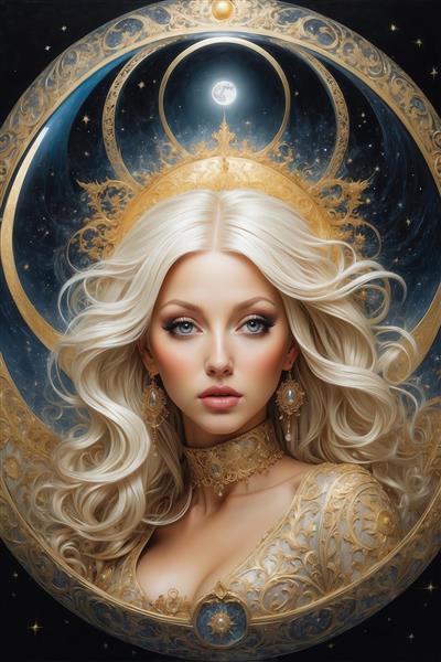 طرح زن طلایی با موهای موج‌دار در قاب گرد کهکشانی برای چاپ پرده