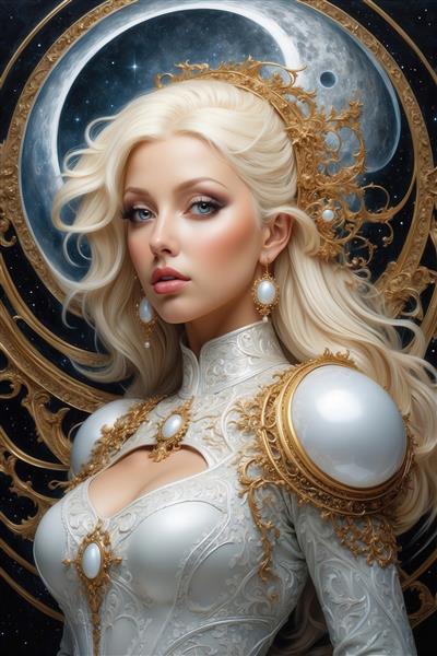 عکس ملکه فضایی بلوند با دیسک یین و یانگ برای پوستر دکوراتیو