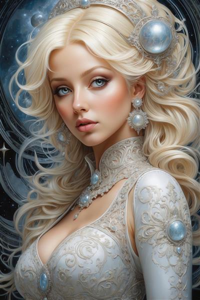 طرح پرنسس فضایی با لباس سفید و جواهرات آبی برای تابلو اتاق کودک