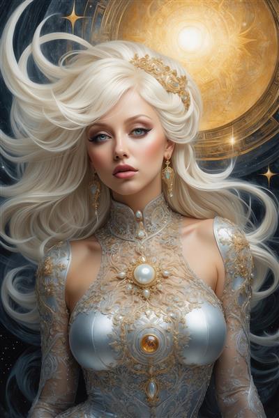 عکس بانوی سلطنتی با لباس نقره‌ای و طلایی در آسمان شب