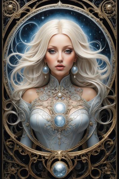 طرح پرتره زن بلوند در قاب دایره‌ای طلایی برای پوستر لوکس