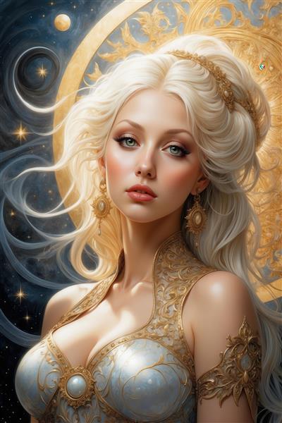 تصویر ملکه طلایی با موهای سفید و آرایش غلیظ برای چاپ پرده