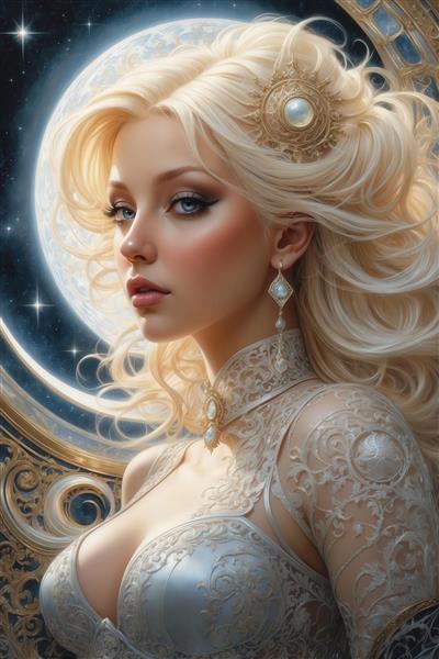 عکس پرتره الهه بلوند با جواهرات مرواریدی برای تابلو دکوراتیو