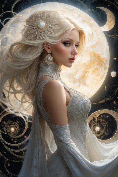 طرح بانوی اثیری با موهای سفید درخشان جلوی ماه طلایی