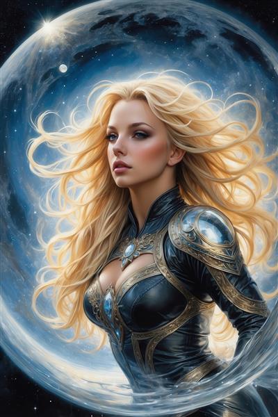 تصویر زن جنگجو با لباس چرمی مشکی برای پوستر دیواری فانتزی