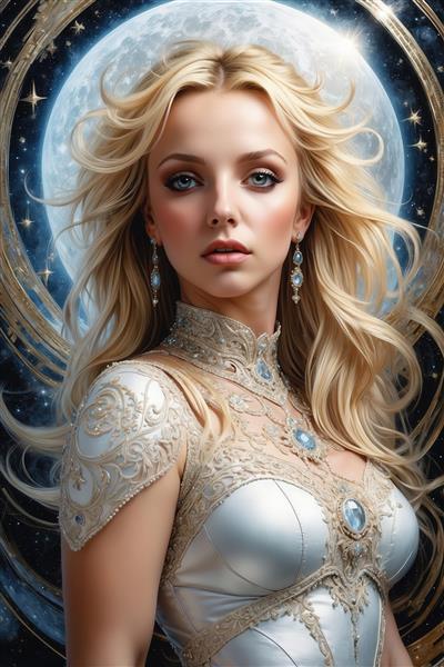 عکس ملکه بلوند با موهای درخشان زیبا در پس‌زمینه ماه آبی