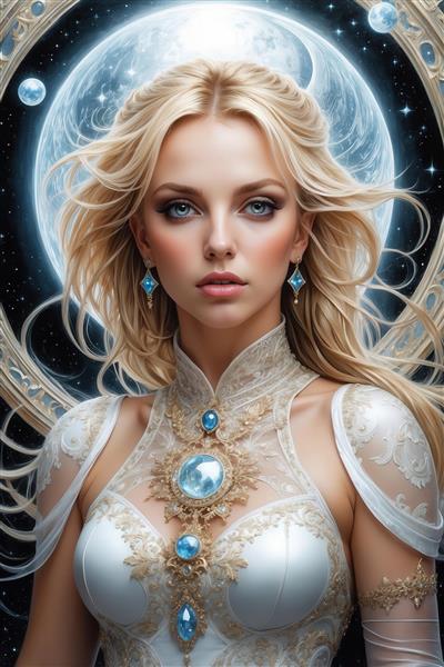 عکس ملکه بلوند با موهای درخشان در پس‌زمینه ماه آبی