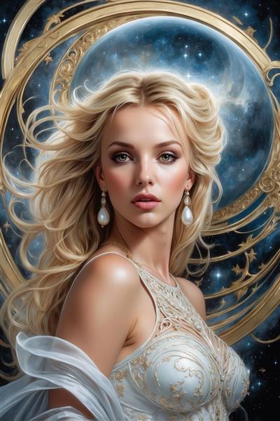 طرح پرنسس فضایی با گردنبند آبی بزرگ برای چاپ تابلو دکوراتیو