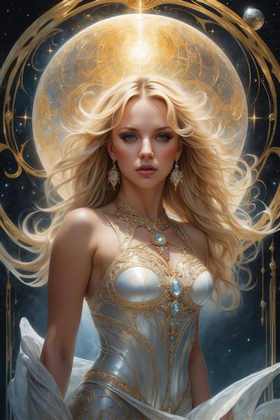 عکس بانوی زیبای بلوند در قاب طلایی ماه برای پوستر دکوراسیون منزل