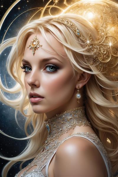 طرح زن اثیری بلوند با لباس مجلسی طلایی در هاله نور ماه